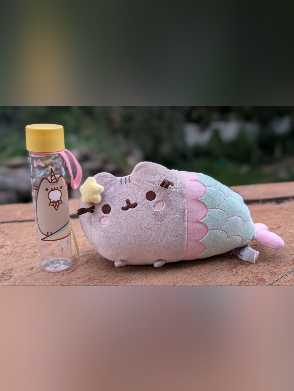 Gund Pusheen Mermaid w/Star Plush Stuffed Cat Green Pink 12" with water bottle